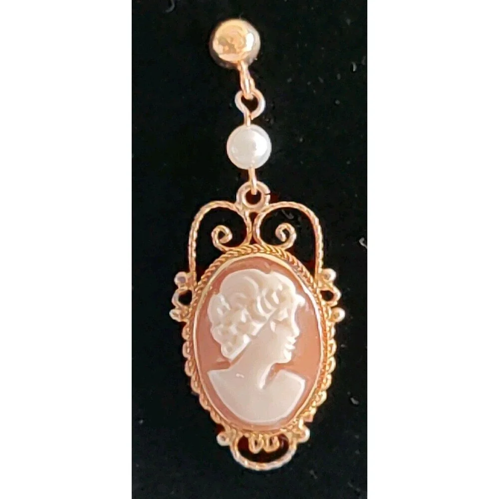 Milor Italy 14 K Cameo & Pearl Dangle Earrings 1 3/8" Long .5 " Wide - Picture 3 of 4